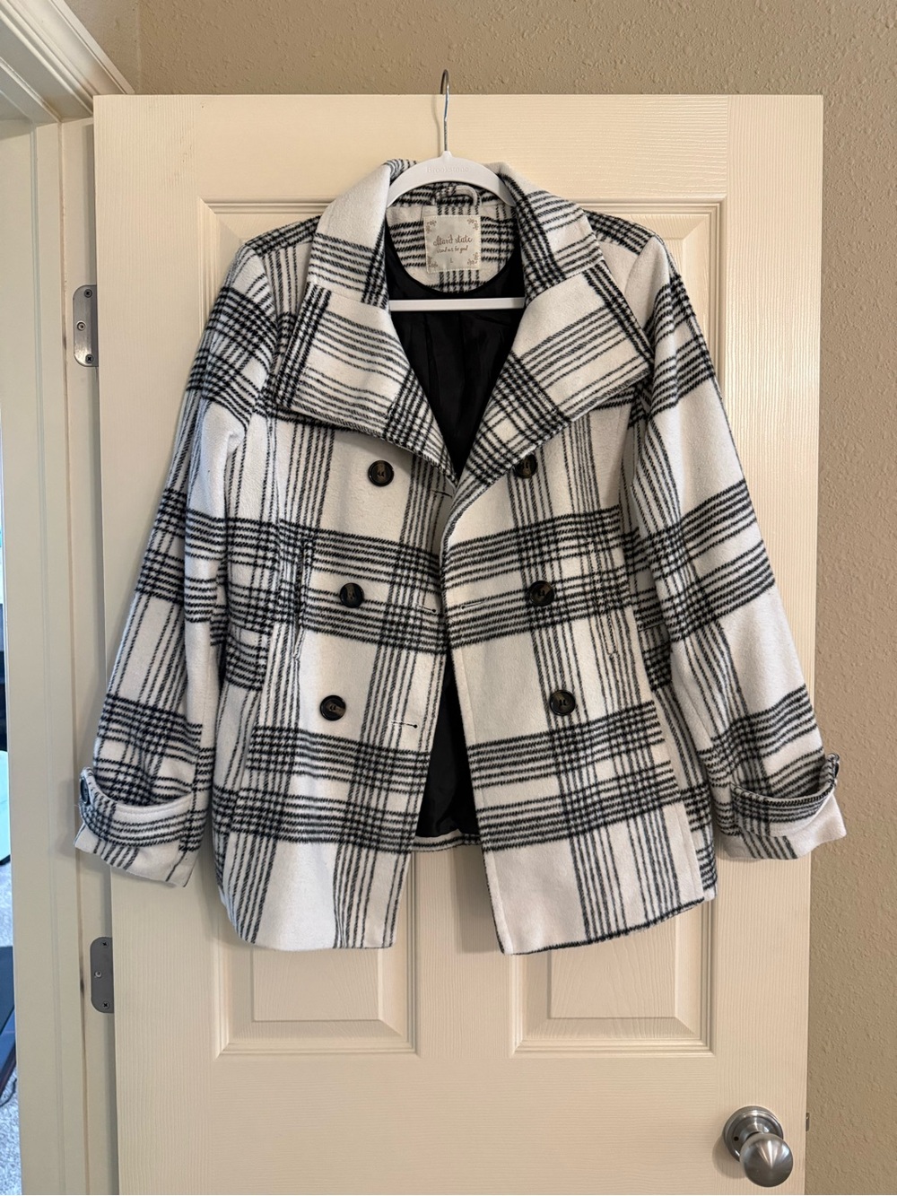 Altar'd State Black and White Plaid Double-Breasted Peacoat